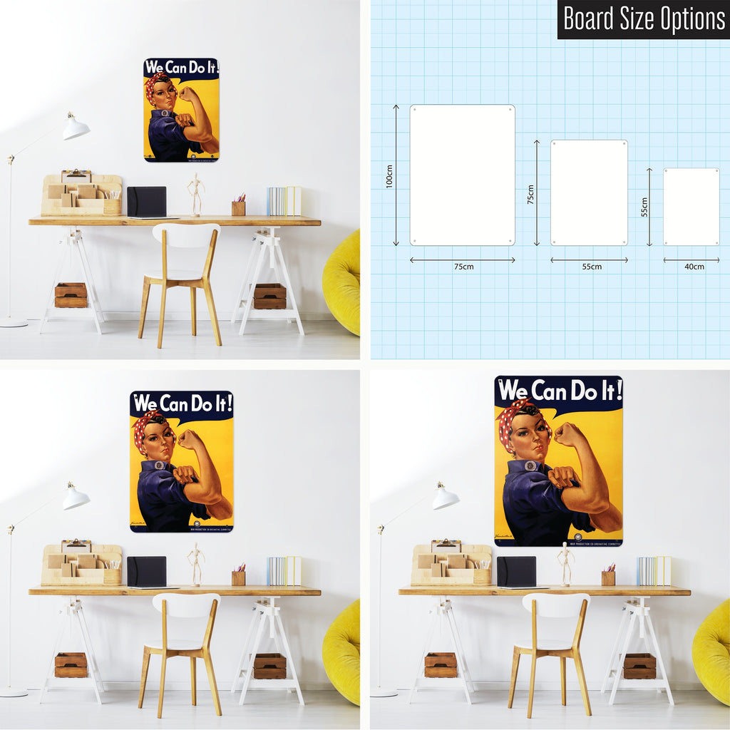 Rosie The Riveter magnetic notice board shown in small, medium and large, with the measurements of each