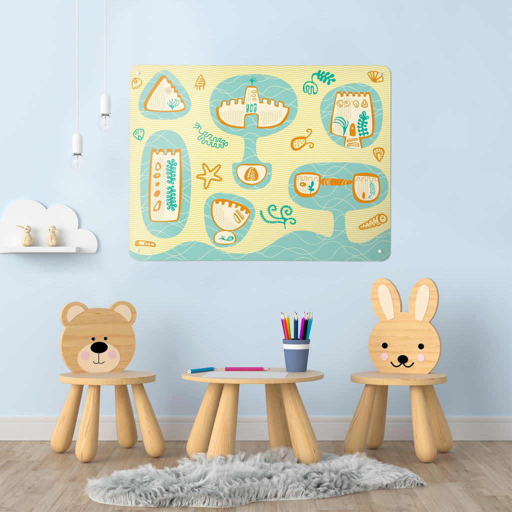 Sandcastles magnetic notice board on the wall of a children's room
