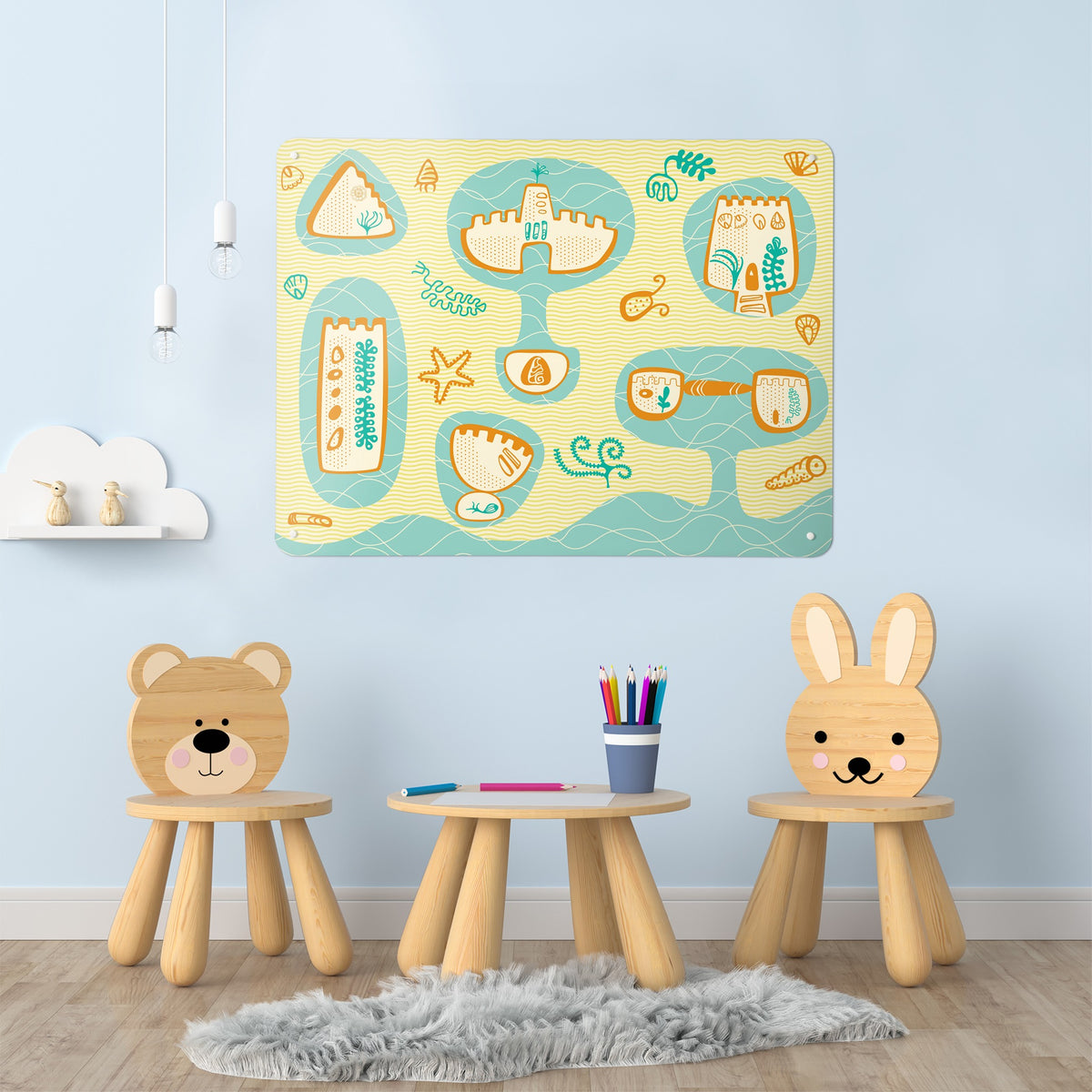 Sandcastles magnetic notice board on the wall of a children's room