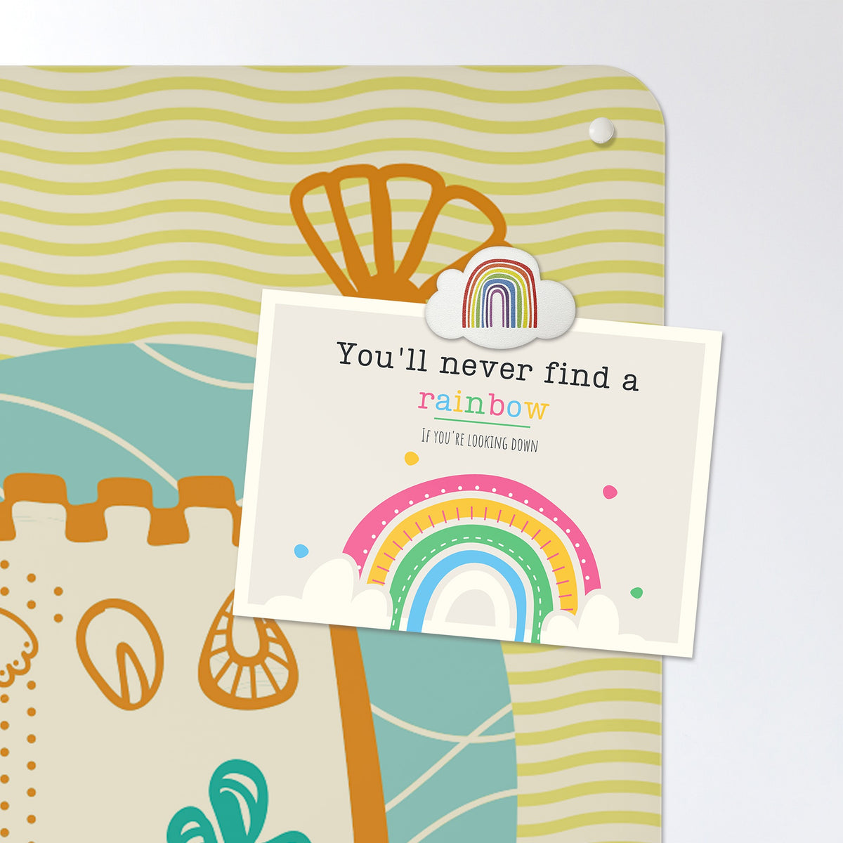 A postcard held by a fridge magnet on the Sandcastles magnetic notice board