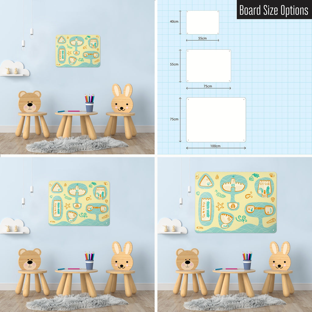 Sandcastles magnetic notice board shown in small, medium and large, with the measurements of each