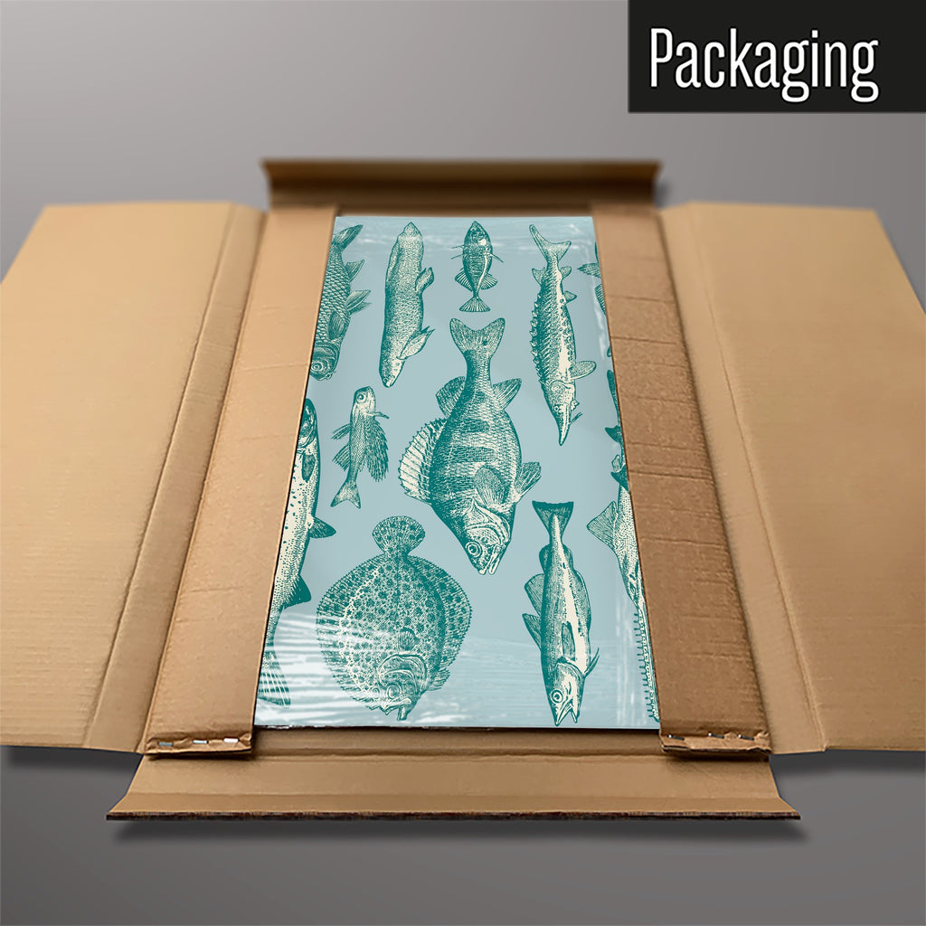 The Sea Life Illustrations magnetic notice board in Fish Illustration packed flat in its cardboard box