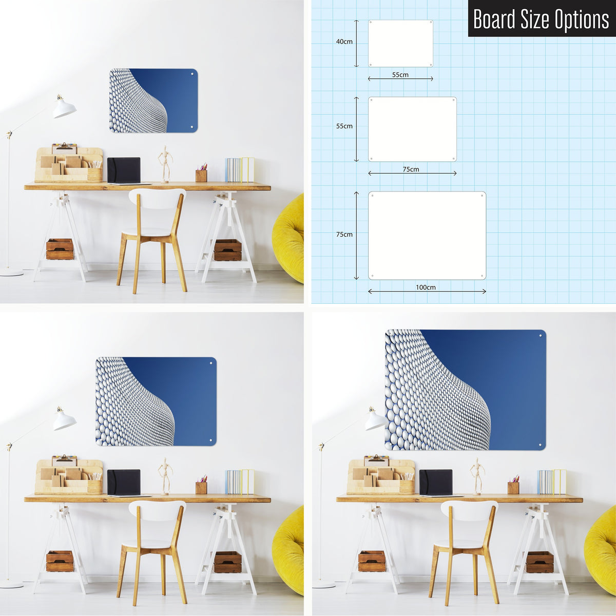 Selfridges Building Birmingham magnetic notice board shown in small, medium and large, with the measurements of each