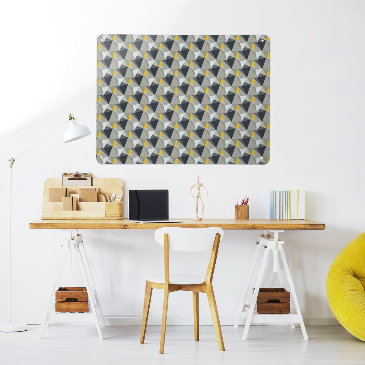 Shards Design magnetic notice board in Concrete and Yellow above a desk in a home office