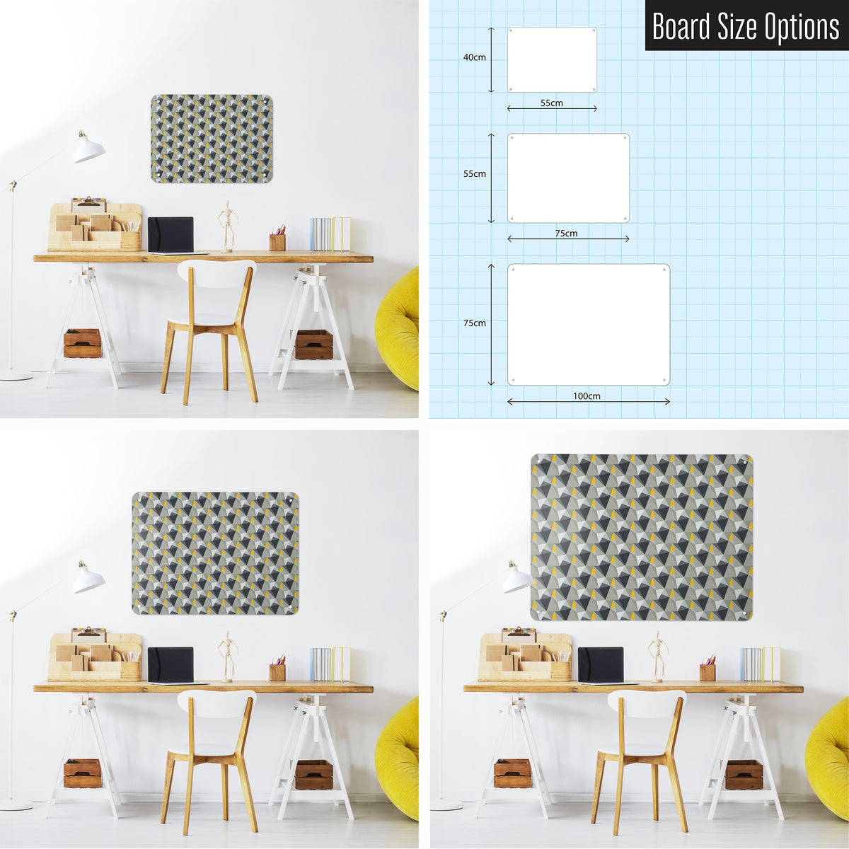 Shards Design magnetic notice board in Concrete and Yellow shown in small, medium and large, with the measurements of each