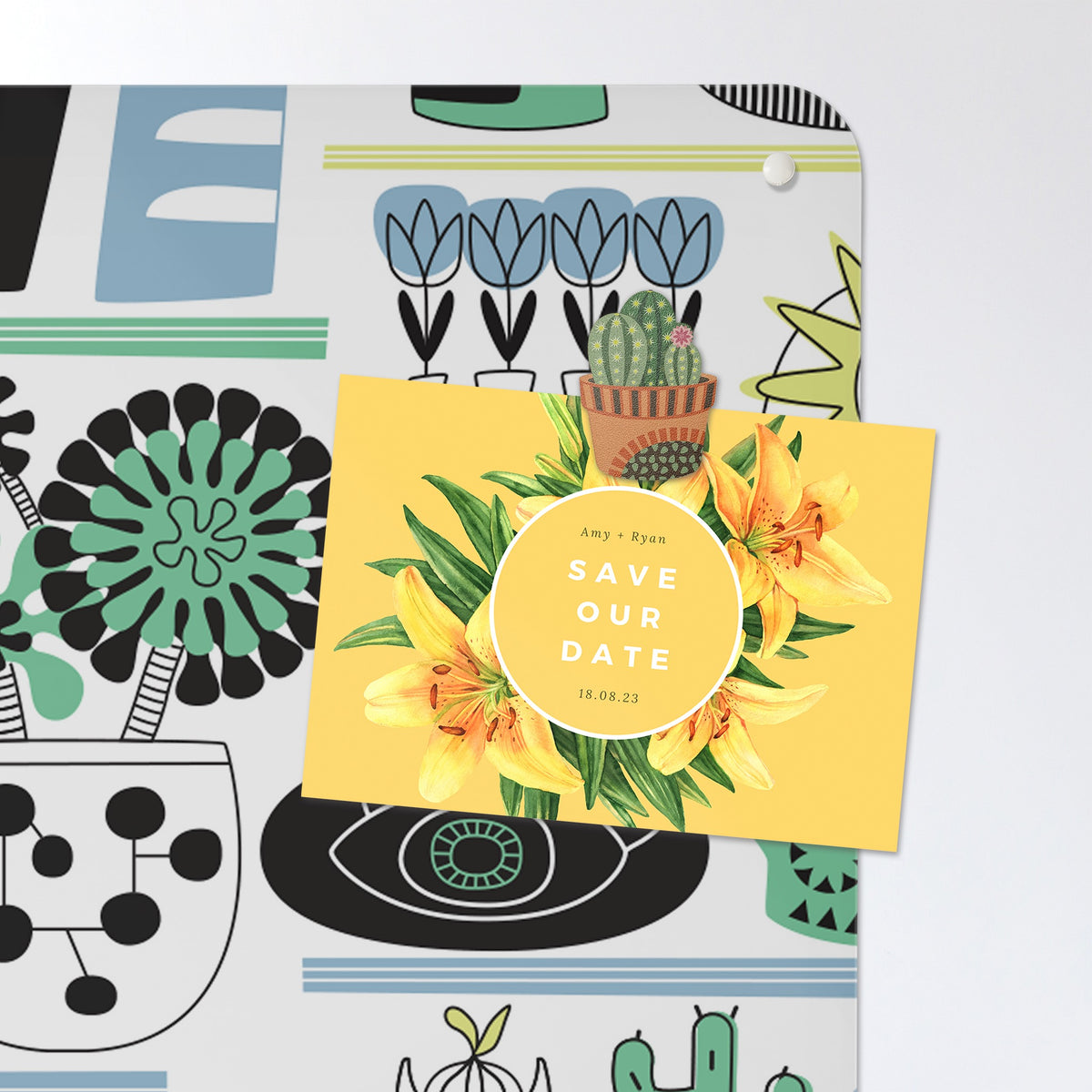 A postcard held by a fridge magnet on the Shelf Life magnetic notice board in Shelf Life - Cool Tones