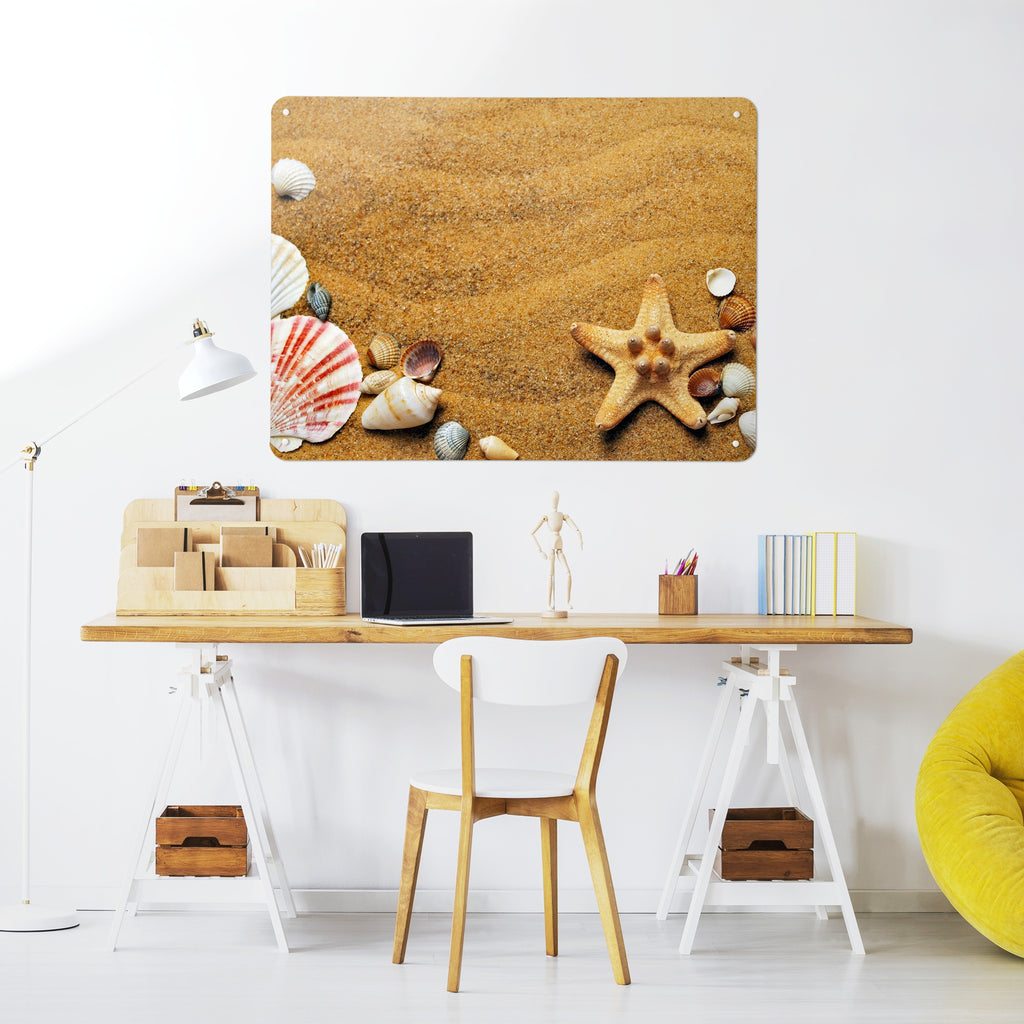 Shoreline Shells magnetic notice board above a desk in a home office