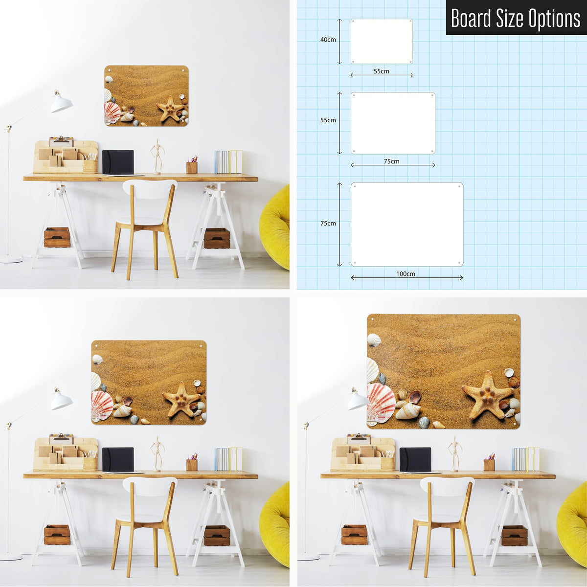 Shoreline Shells magnetic notice board shown in small, medium and large, with the measurements of each