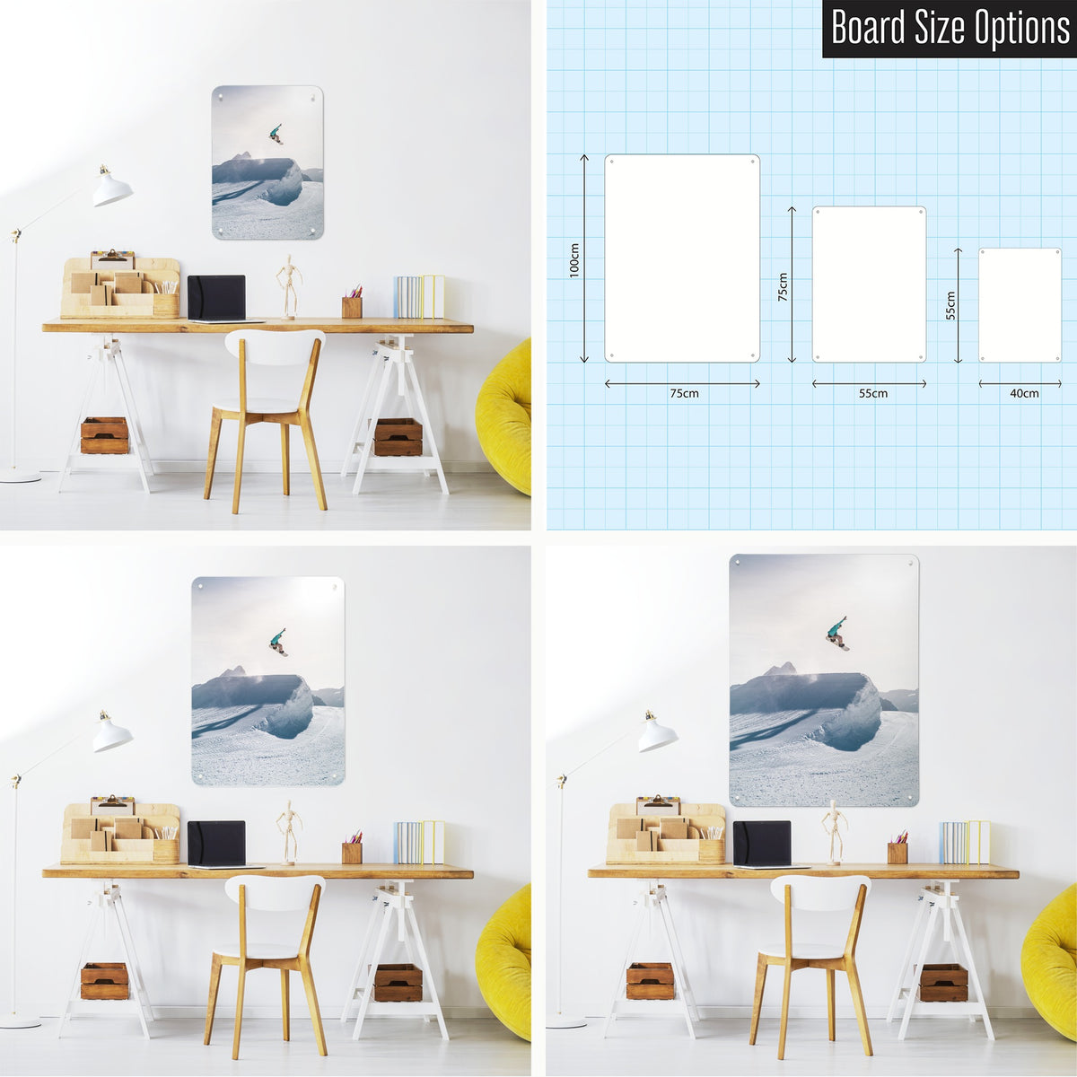 Snowboarding magnetic notice board shown in small, medium and large, with the measurements of each