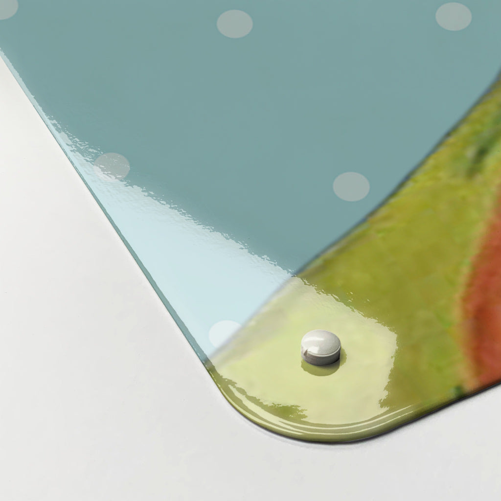 Close-up of the corner of the So Much To Do magnetic notice board in blue, showing the gloss finish and a screw cap