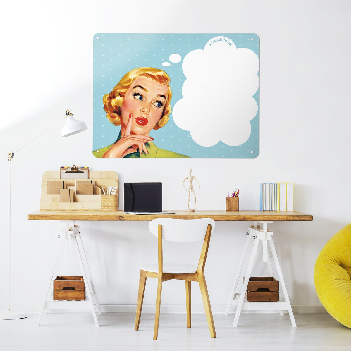 So Much To Do magnetic notice board in blue above a desk in a home office