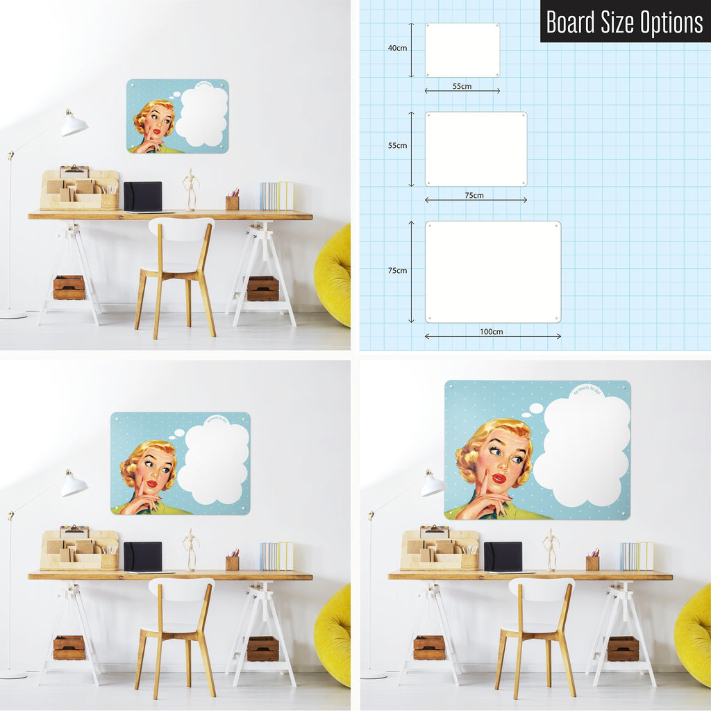 So Much To Do magnetic notice board in blue shown in small, medium and large, with the measurements of each