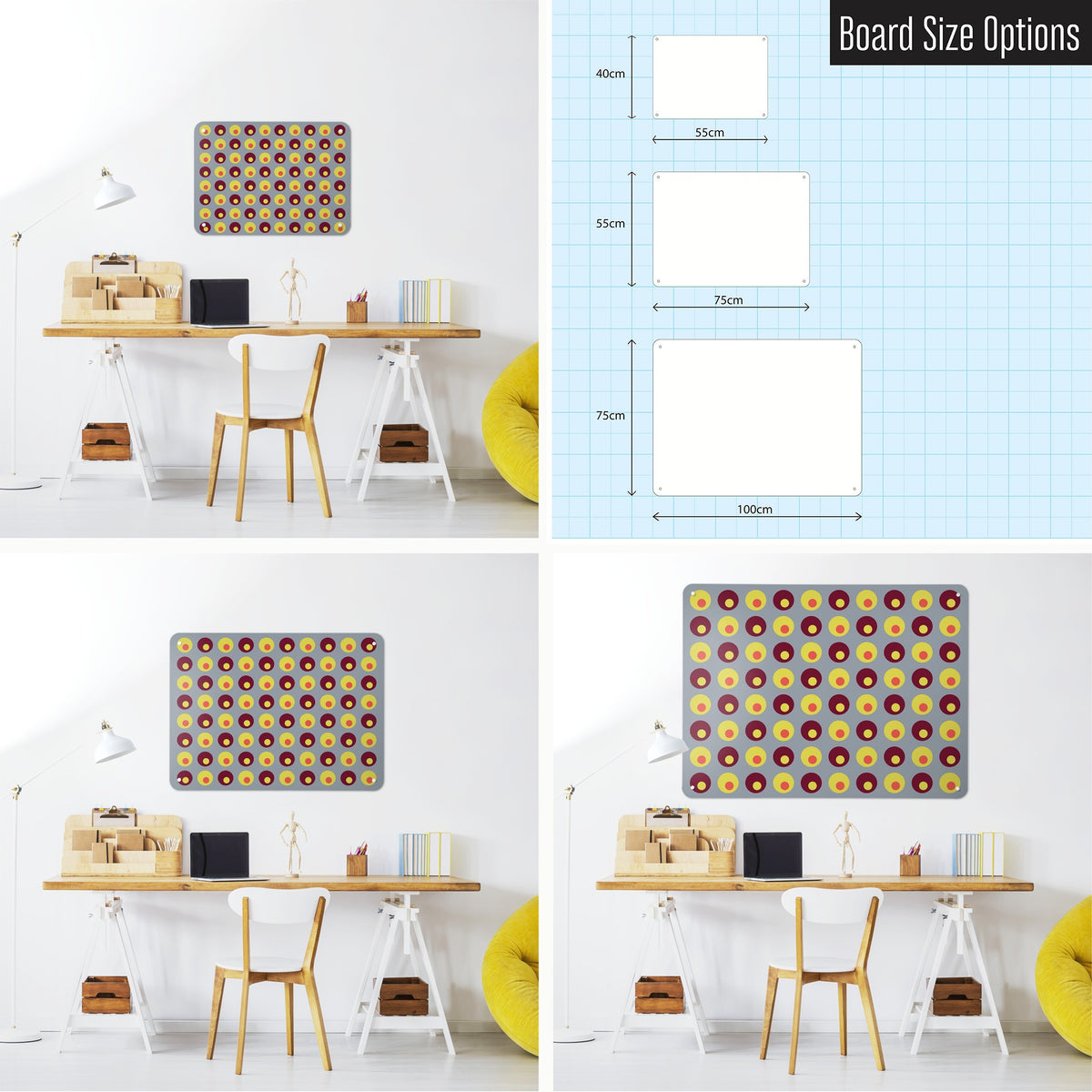 Spots magnetic notice board in Spots on Grey shown in small, medium and large, with the measurements of each