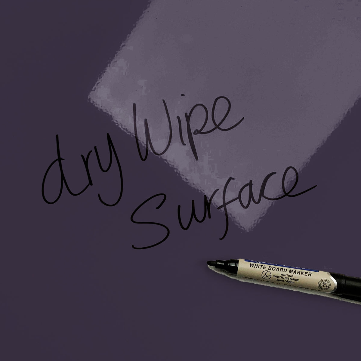 The words dry wipe surface written in marker pen on the purple Stars magnetic notice board