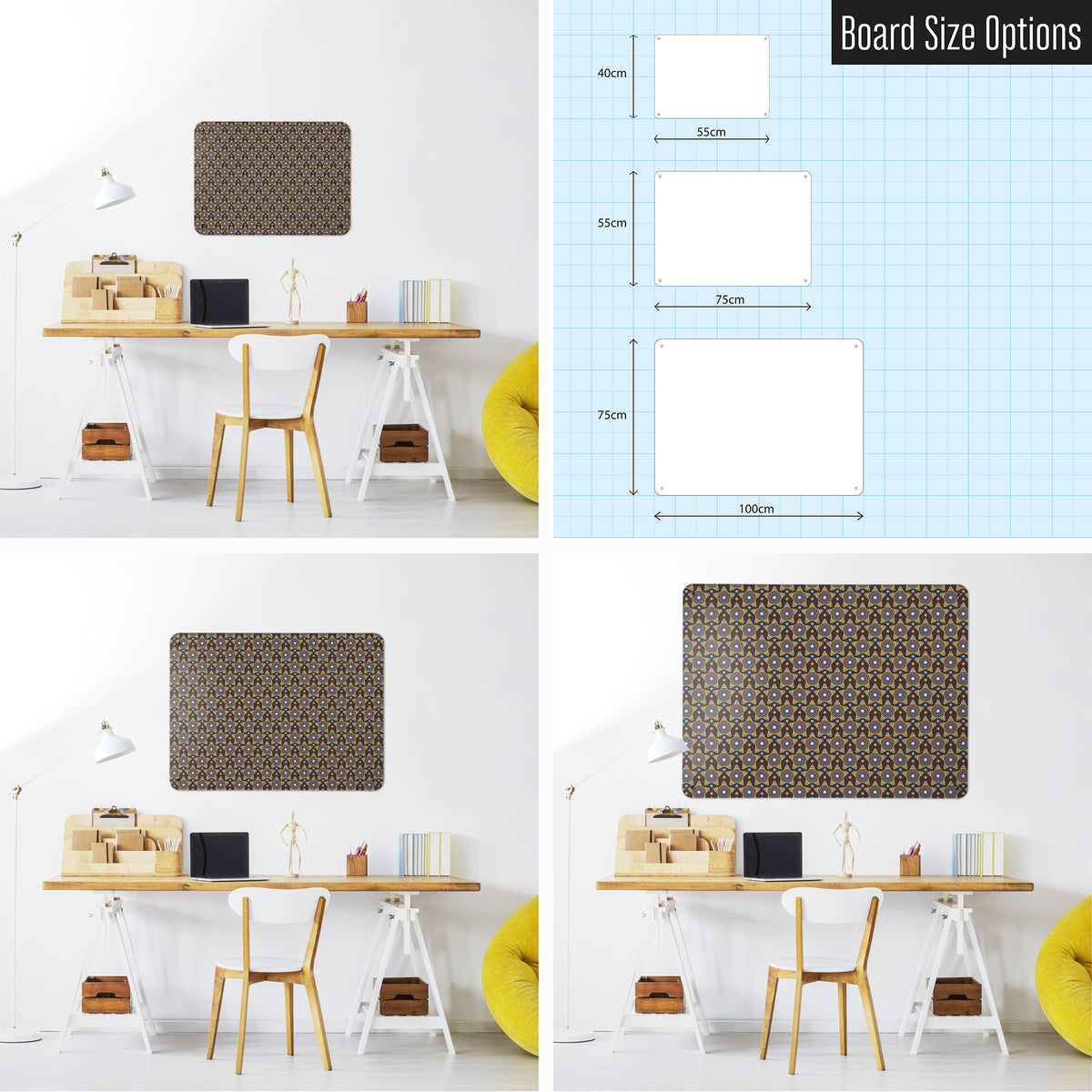 Stars magnetic notice board in purple shown in small, medium and large, with the measurements of each