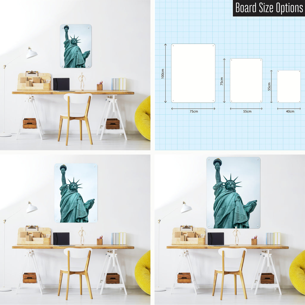 Statue Of Liberty magnetic notice board shown in small, medium and large, with the measurements of each