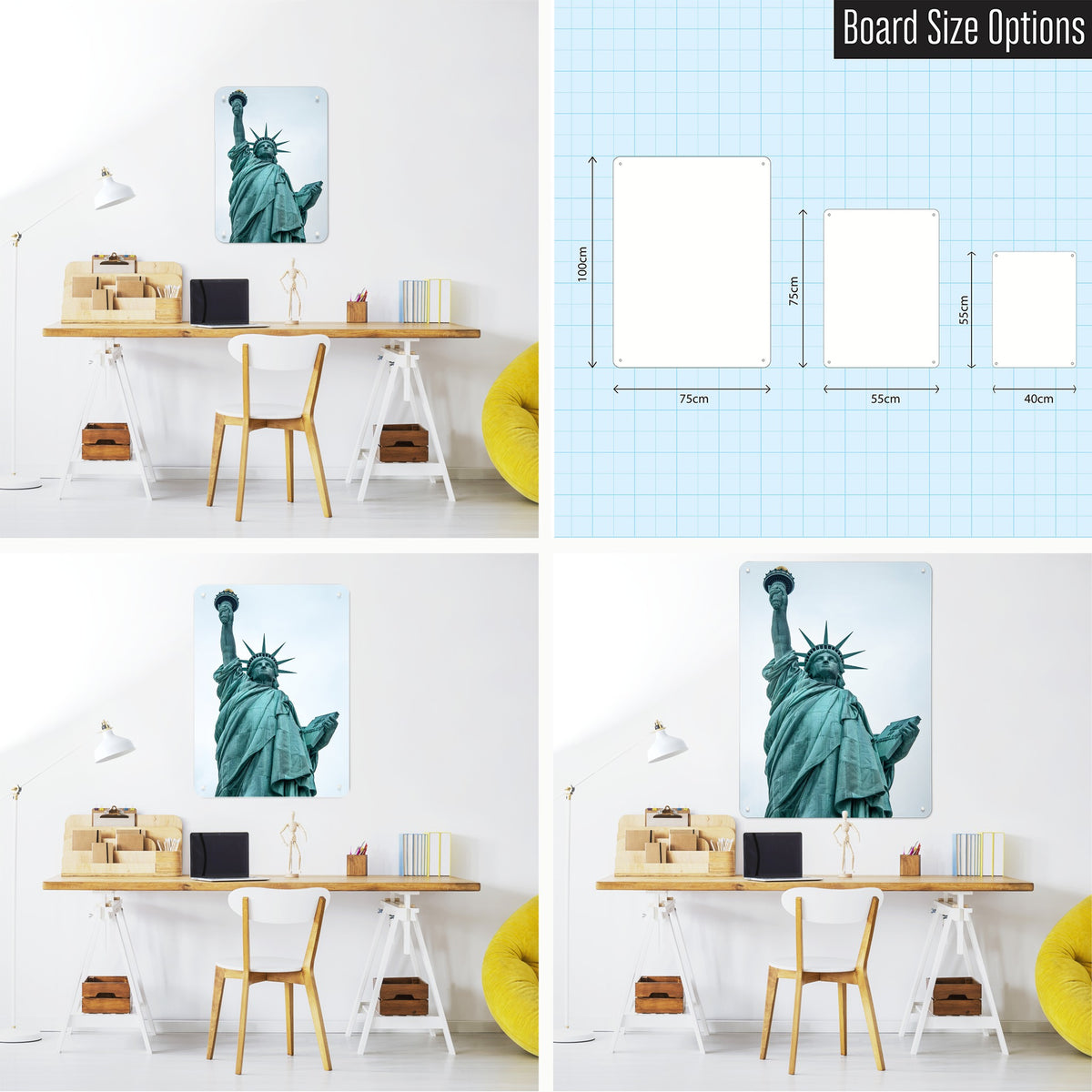 Statue Of Liberty magnetic notice board shown in small, medium and large, with the measurements of each