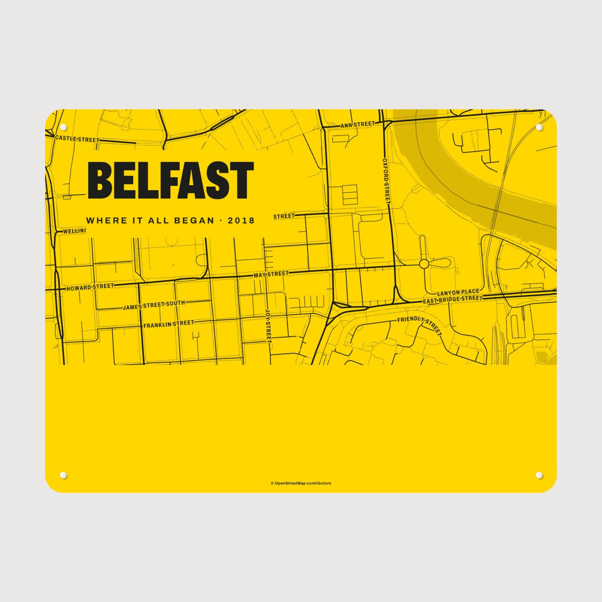 A River town street map board of Belfast in yellow, with street names