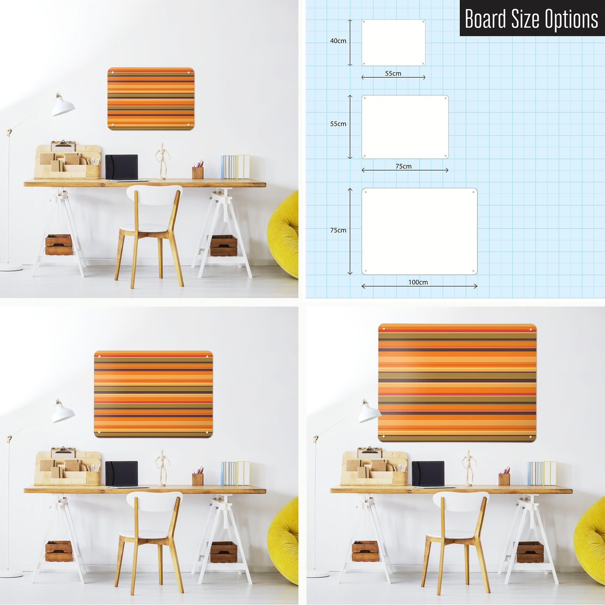 Stripes magnetic notice board in Stripes - Pumpkin shown in small, medium and large, with the measurements of each