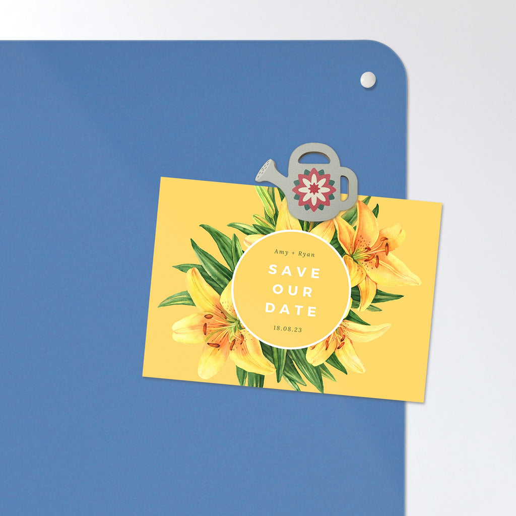 A postcard held by a fridge magnet on the Sunflower magnetic notice board in Sunflower
