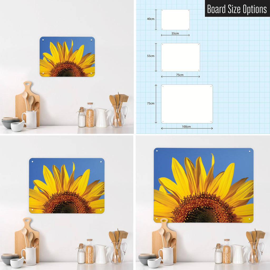 Sunflower magnetic notice board in Sunflower shown in small, medium and large, with the measurements of each
