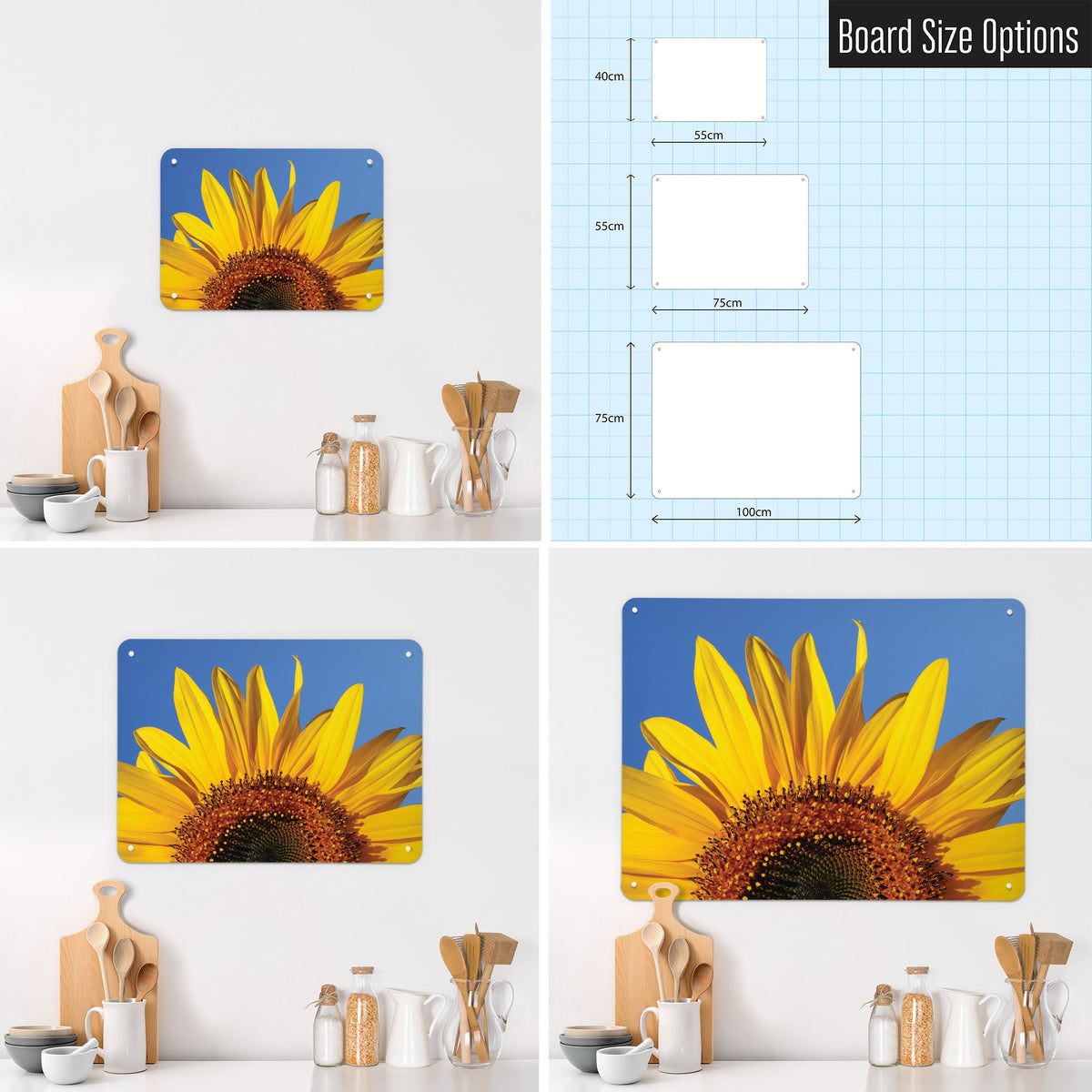 Sunflower magnetic notice board in Sunflower shown in small, medium and large, with the measurements of each