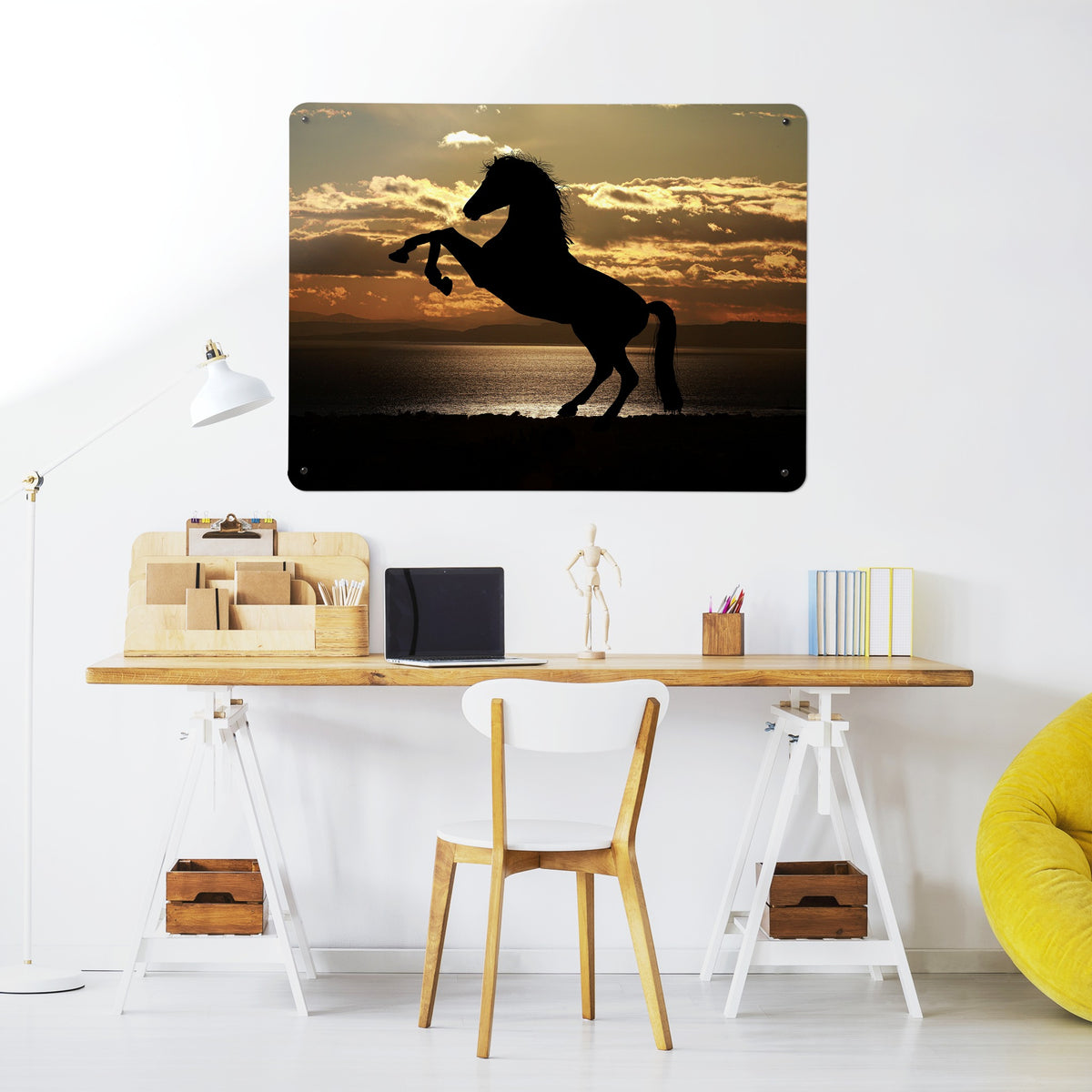 Sunset Horse magnetic notice board above a desk in a home office