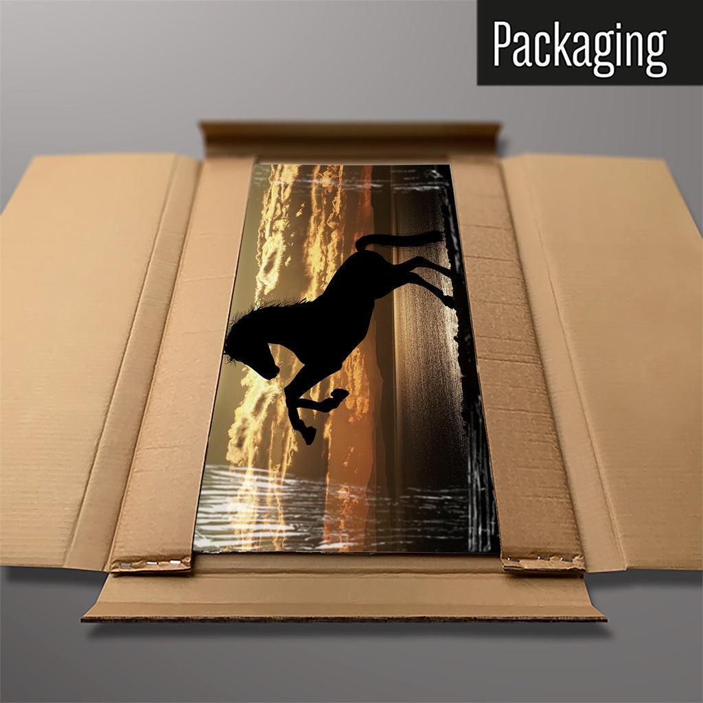 The Sunset Horse magnetic notice board packed flat in its cardboard box