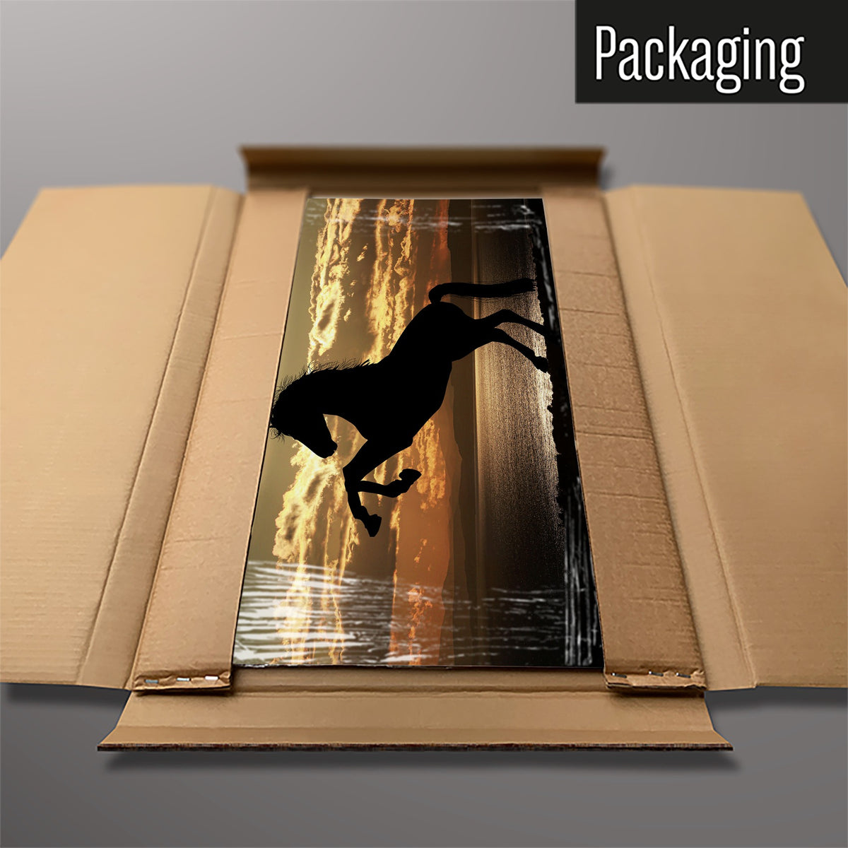 The Sunset Horse magnetic notice board packed flat in its cardboard box