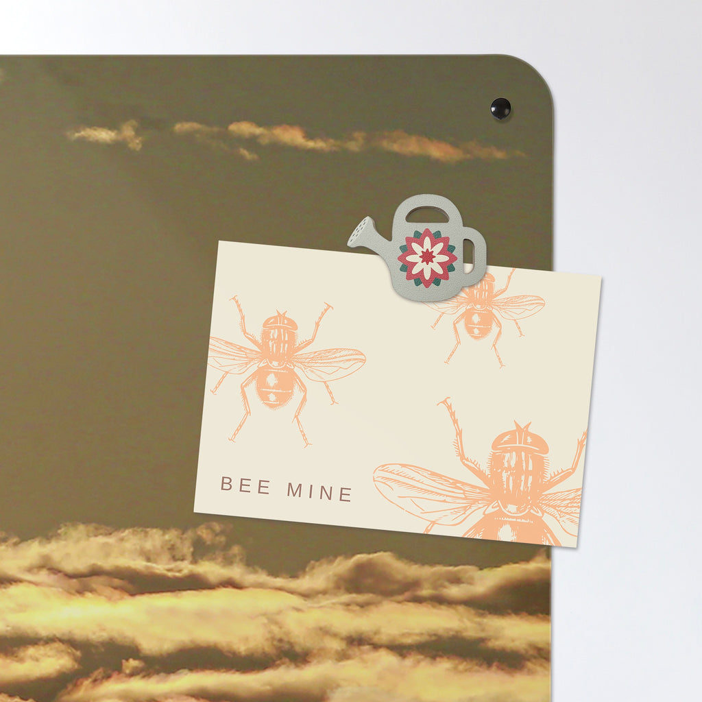 A postcard held by a fridge magnet on the Sunset Horse magnetic notice board