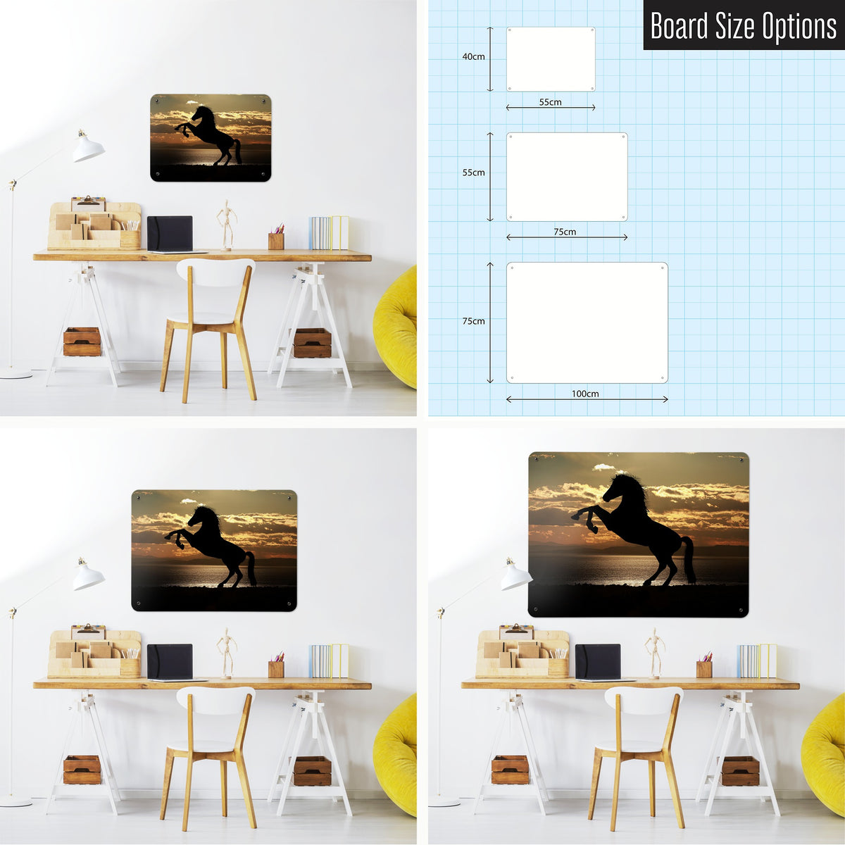 Sunset Horse magnetic notice board shown in small, medium and large, with the measurements of each
