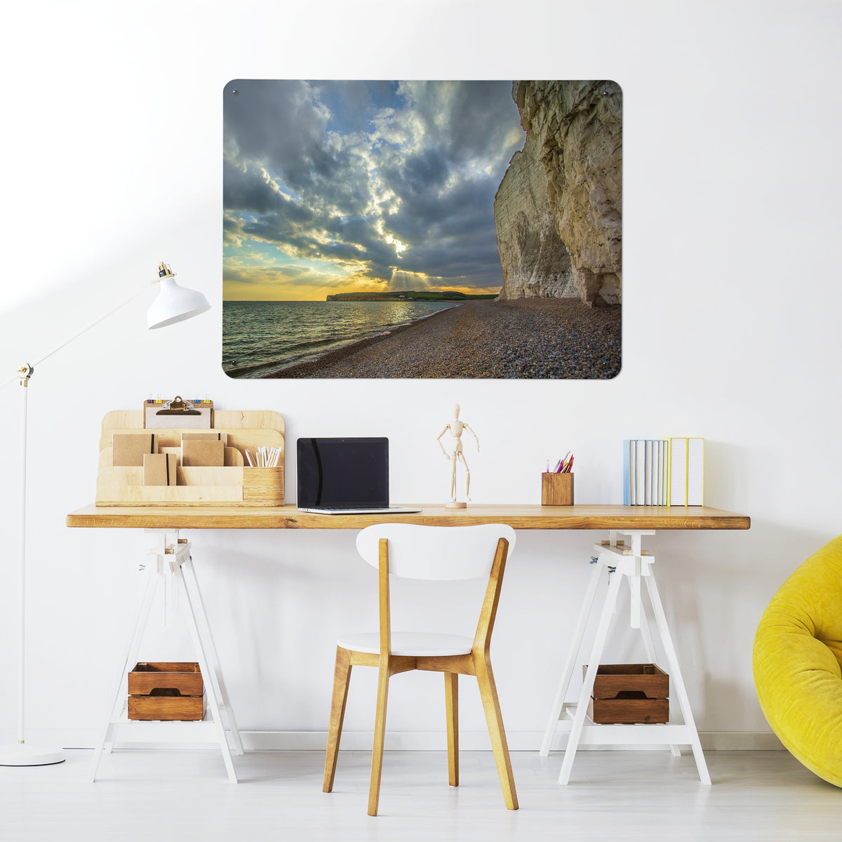 Sussex Coast Sunset magnetic notice board above a desk in a home office