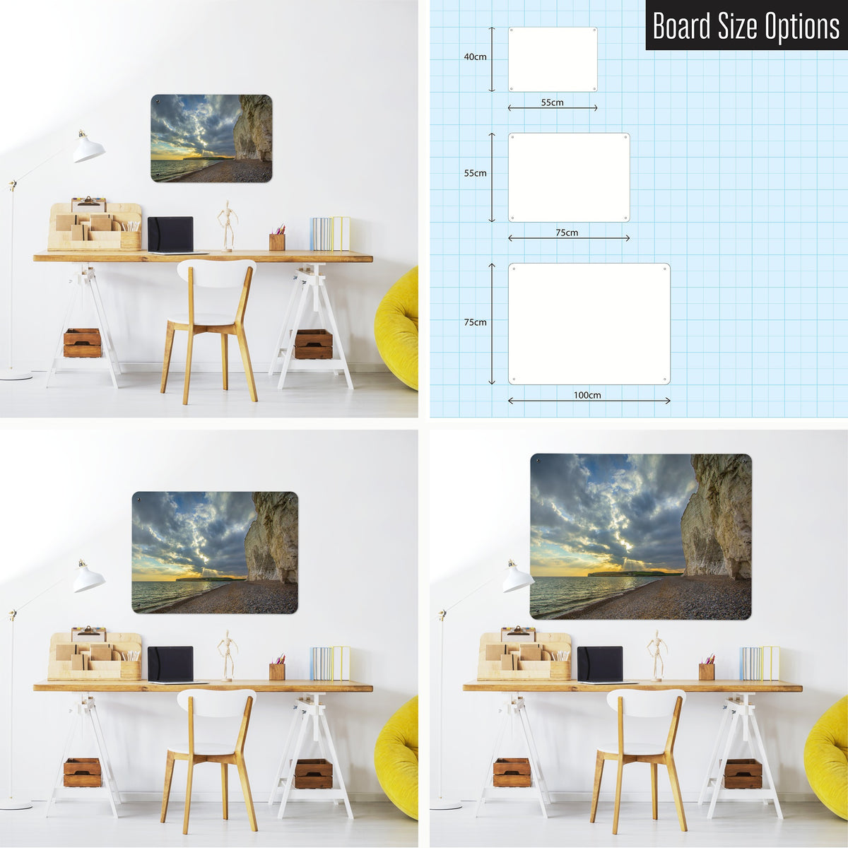 Sussex Coast Sunset magnetic notice board shown in small, medium and large, with the measurements of each