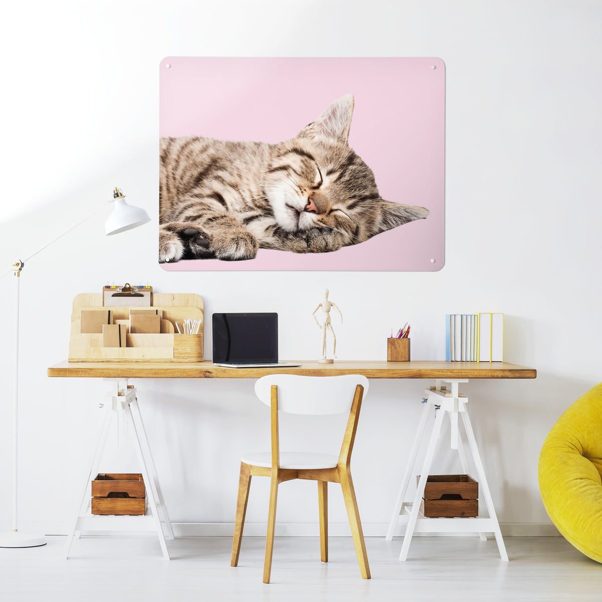 Tabby Kitten magnetic notice board in Tabby Kitten above a desk in a home office