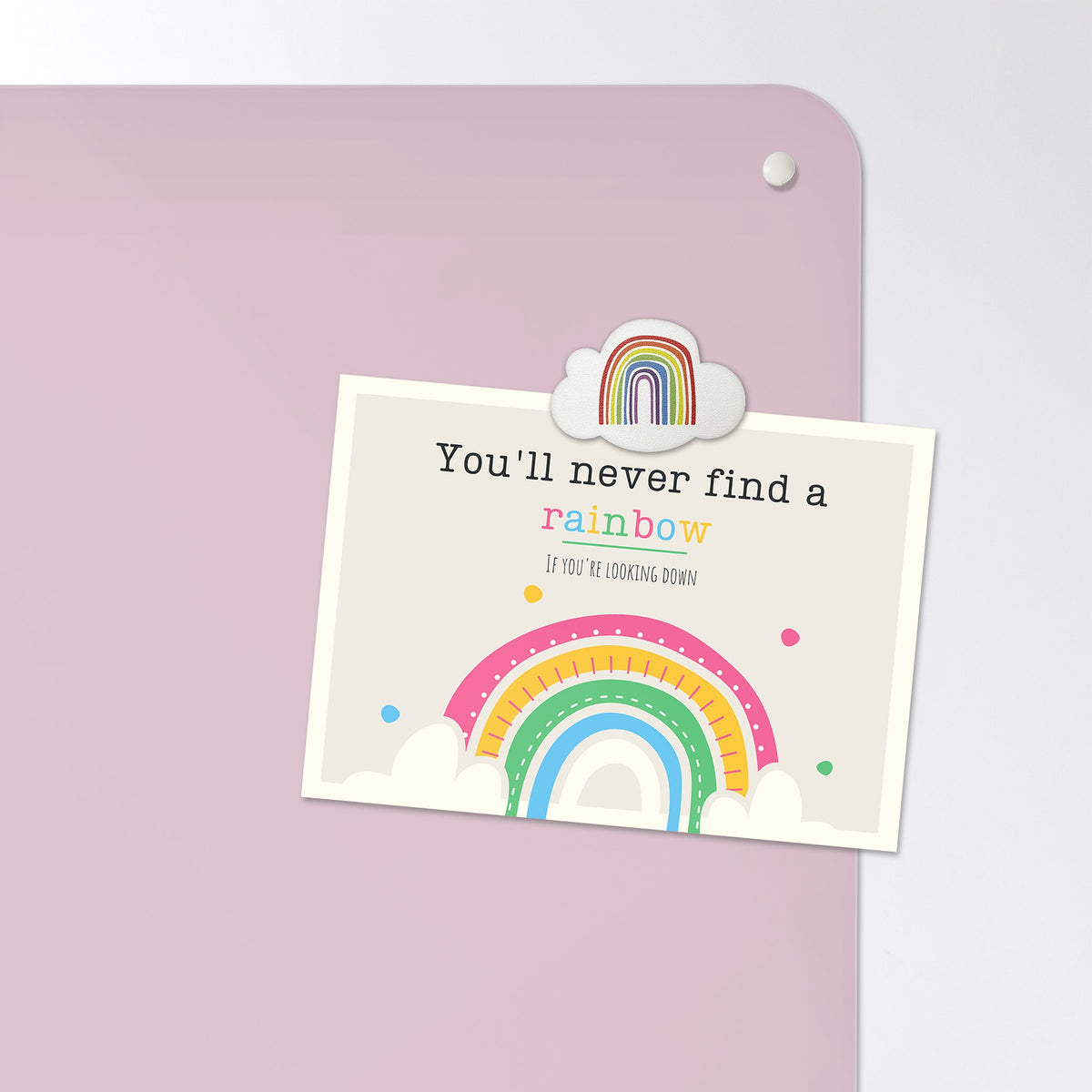 A postcard held by a fridge magnet on the Tabby Kitten magnetic notice board in Tabby Kitten