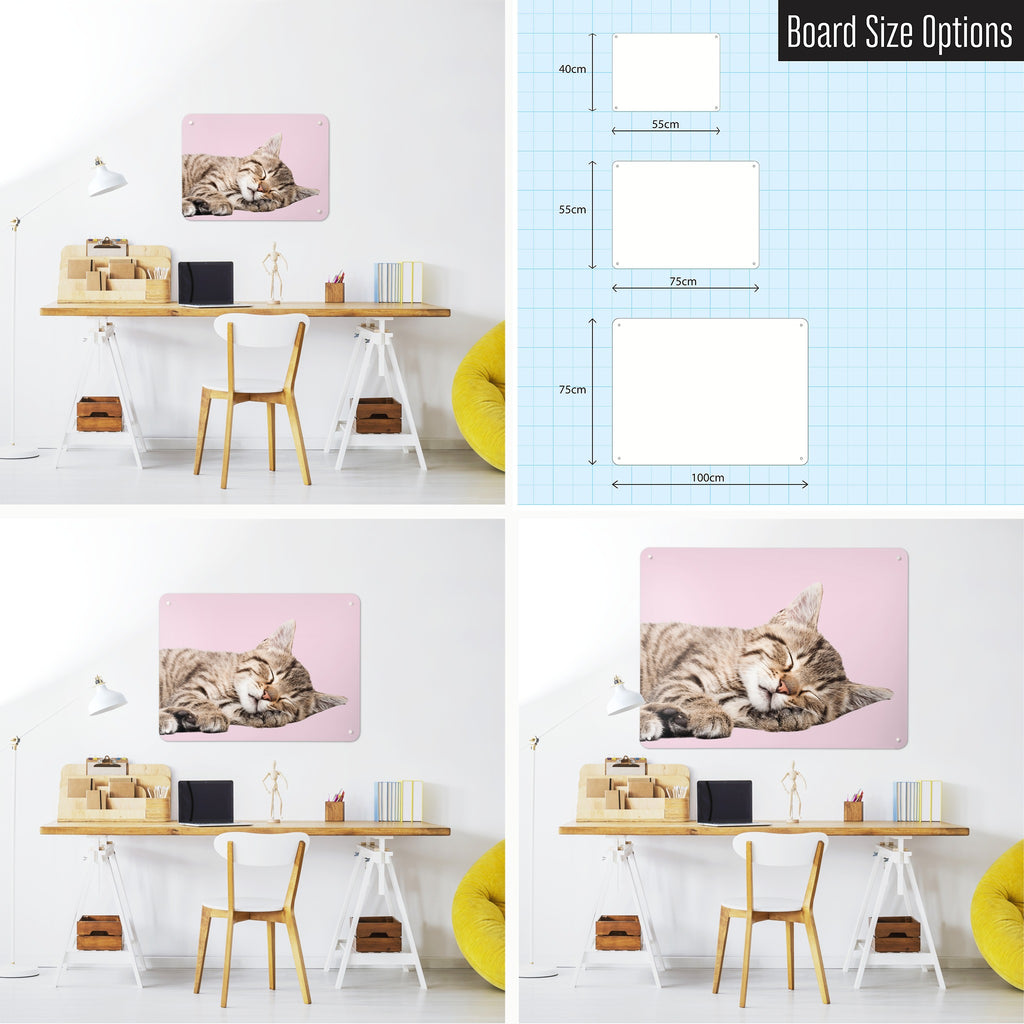 Tabby Kitten magnetic notice board in Tabby Kitten shown in small, medium and large, with the measurements of each