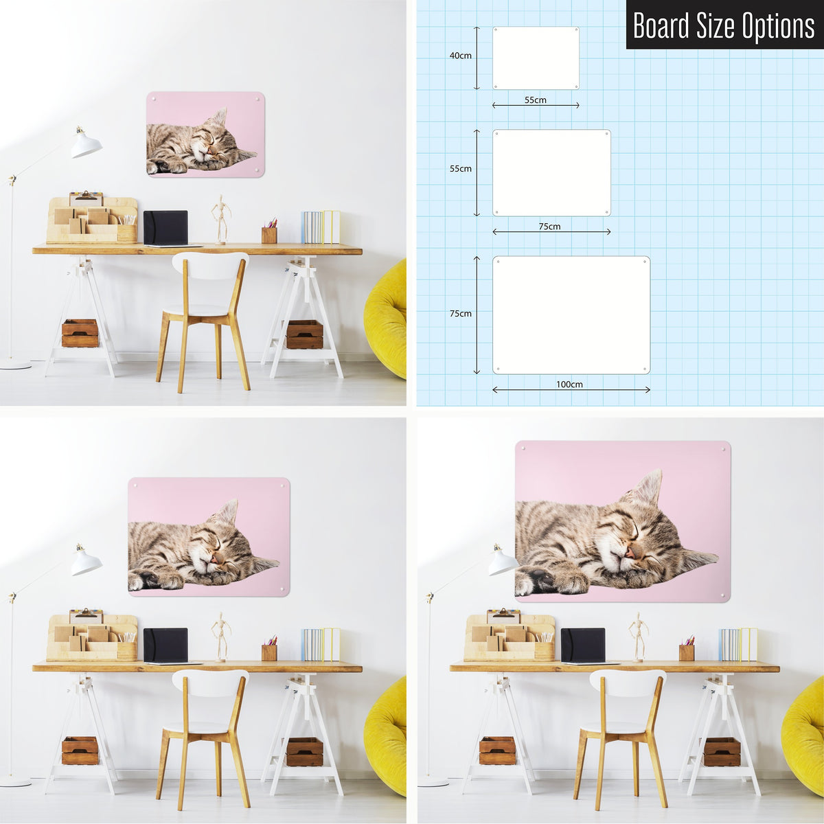 Tabby Kitten magnetic notice board in Tabby Kitten shown in small, medium and large, with the measurements of each
