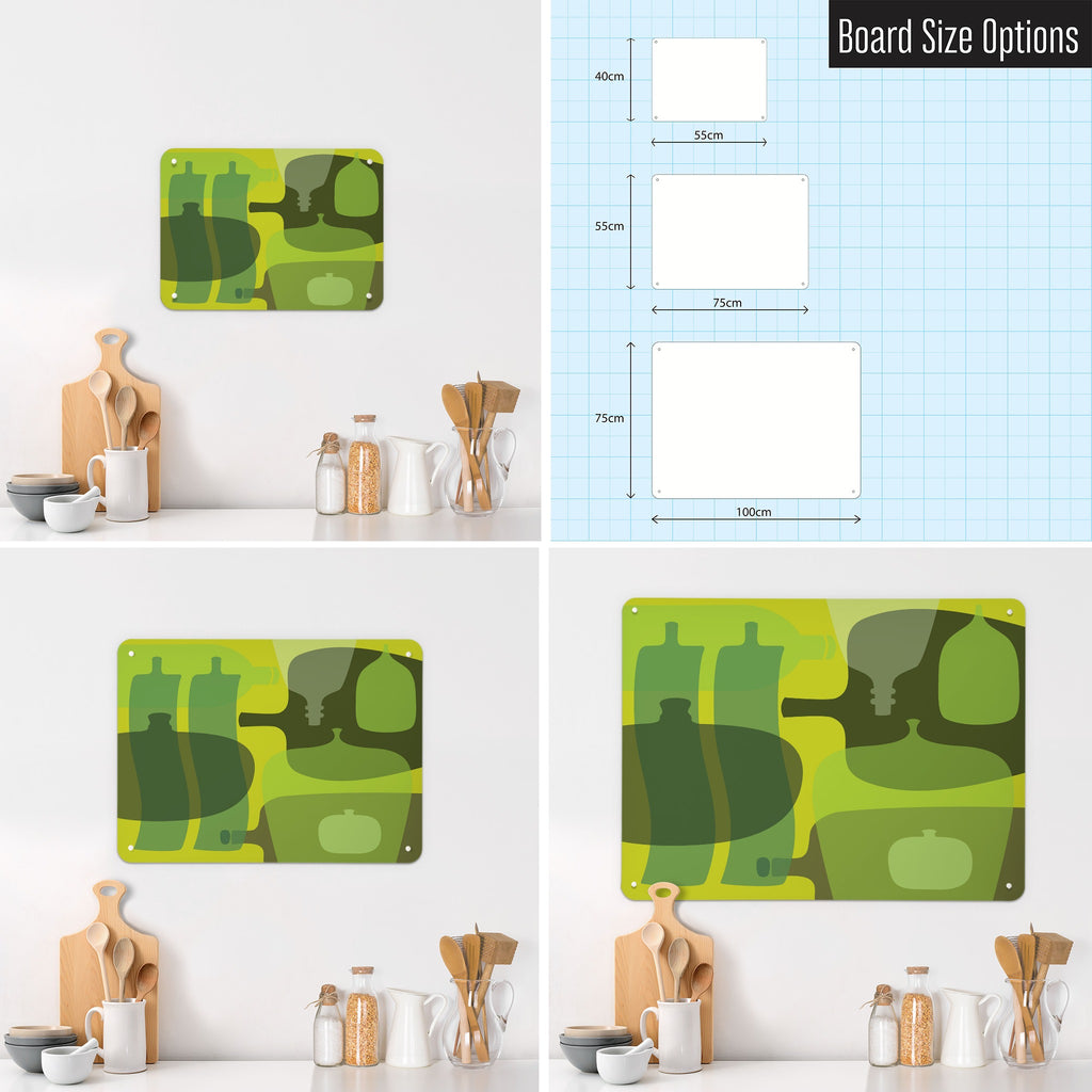 Ten Bottles magnetic notice board in Green shown in small, medium and large, with the measurements of each