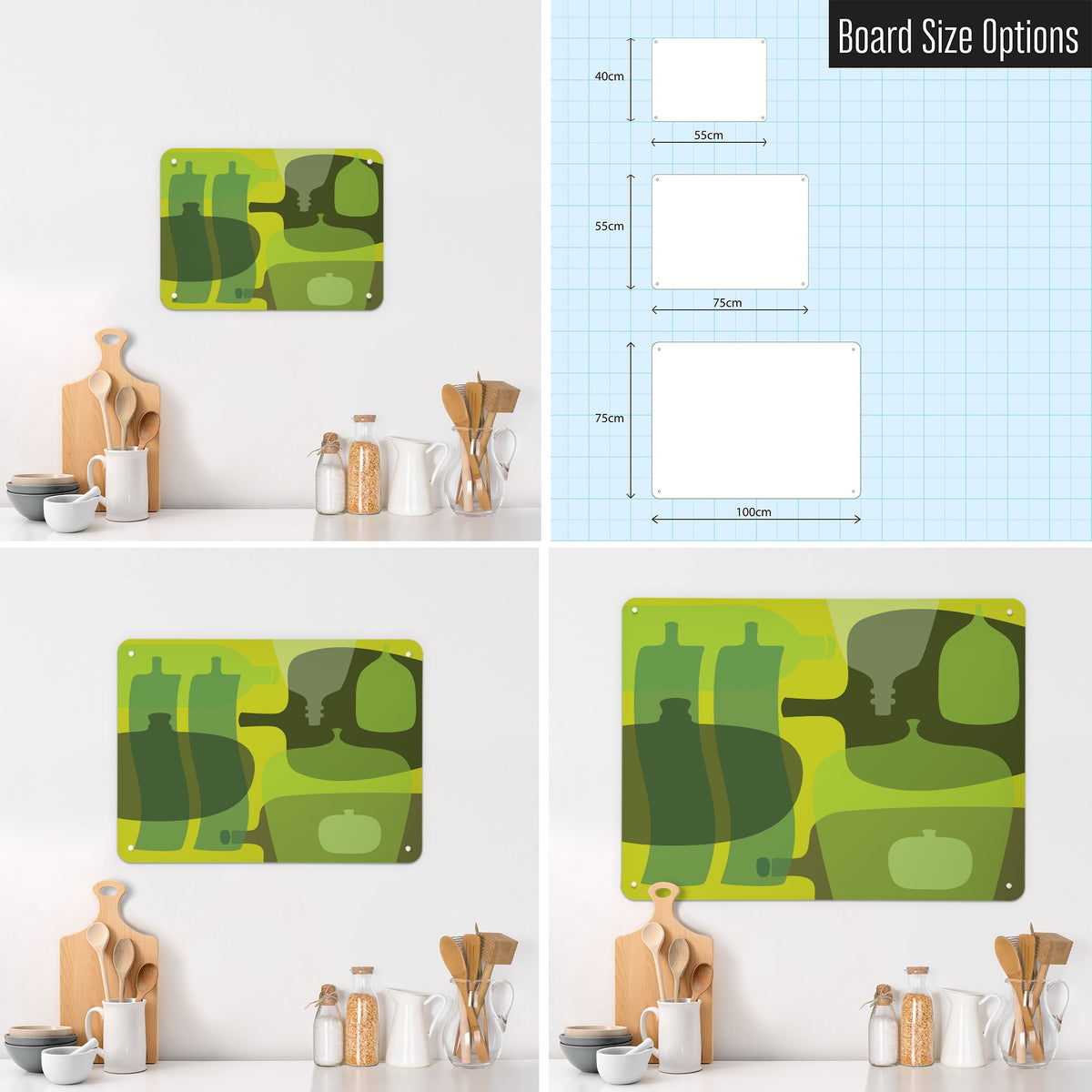 Ten Bottles magnetic notice board in Green shown in small, medium and large, with the measurements of each