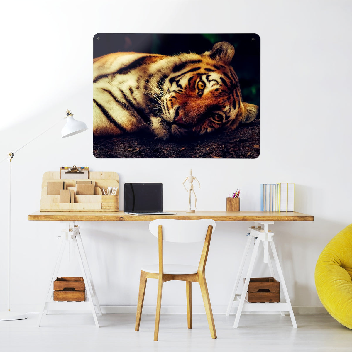 Tiger magnetic notice board above a desk in a home office