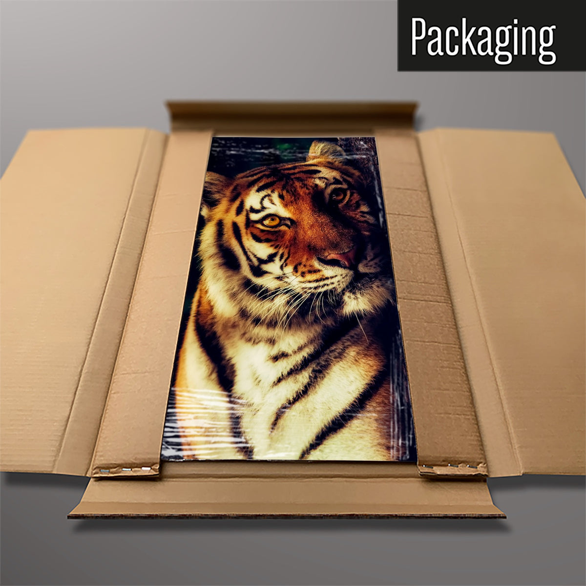 The Tiger magnetic notice board packed flat in its cardboard box