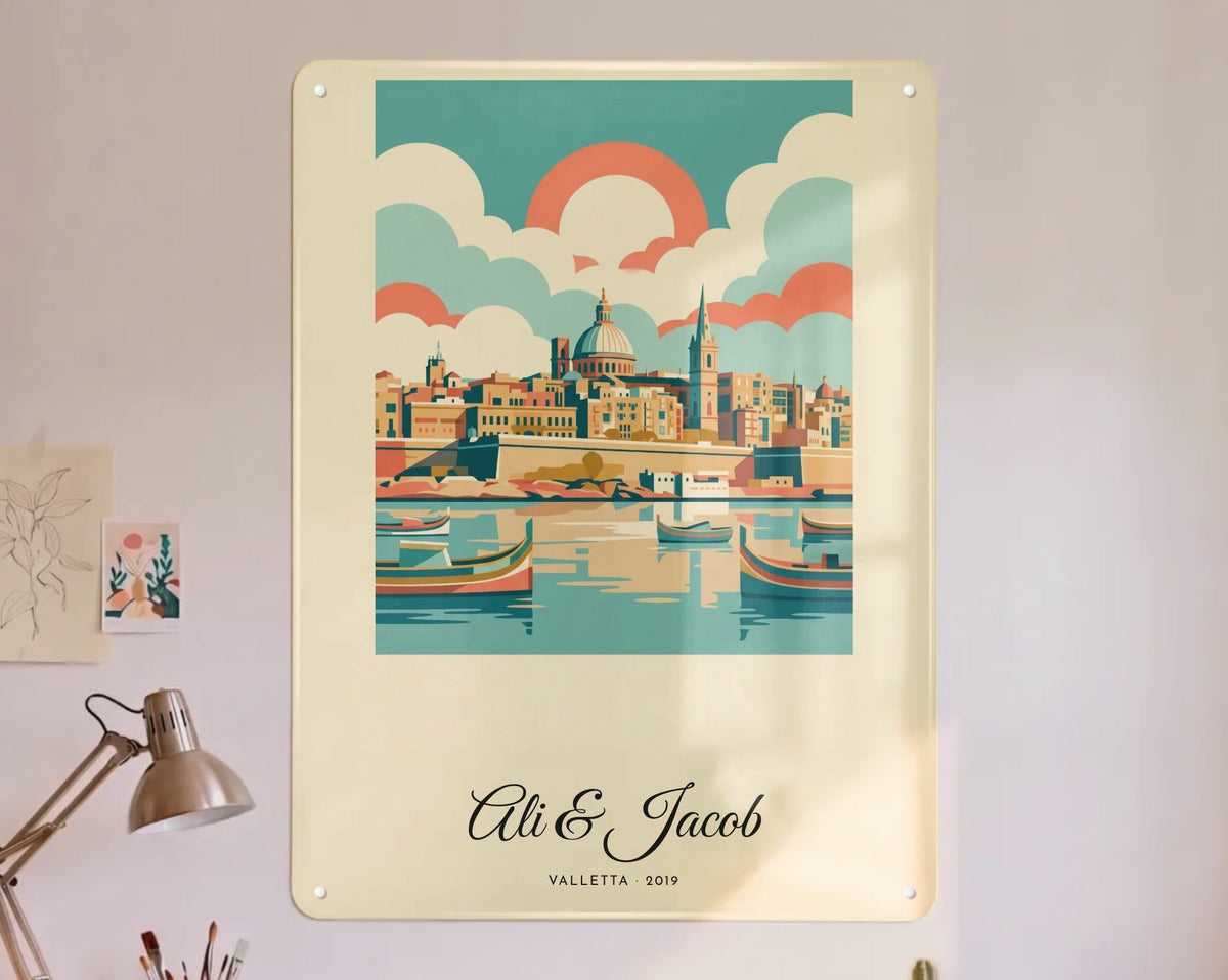 Personalised travel poster board of Valletta in Retro screen-print style, names Ali & Jacob, on a studio wall