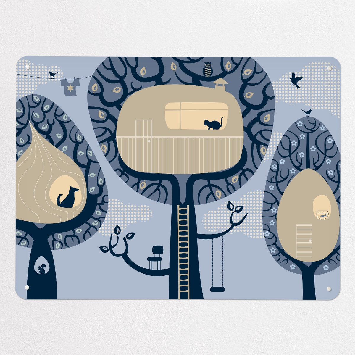 Tree Houses magnetic notice board in blue, large size, 100 × 75 cm