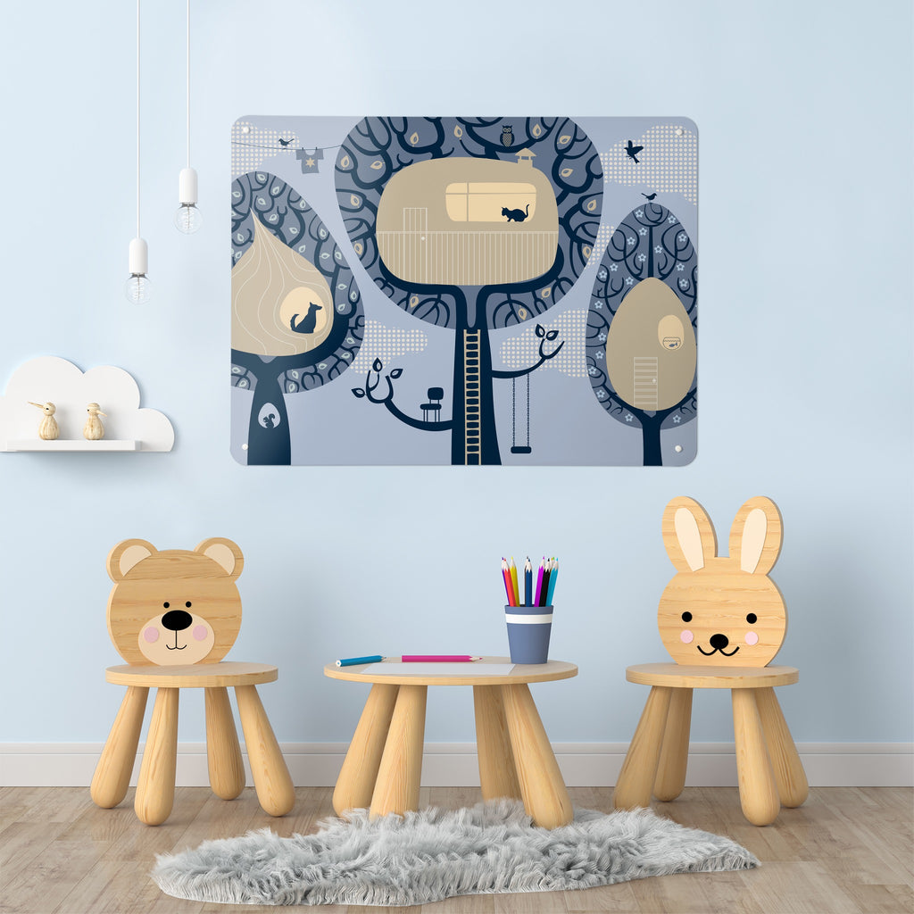 Tree Houses magnetic notice board in blue on the wall of a children's room