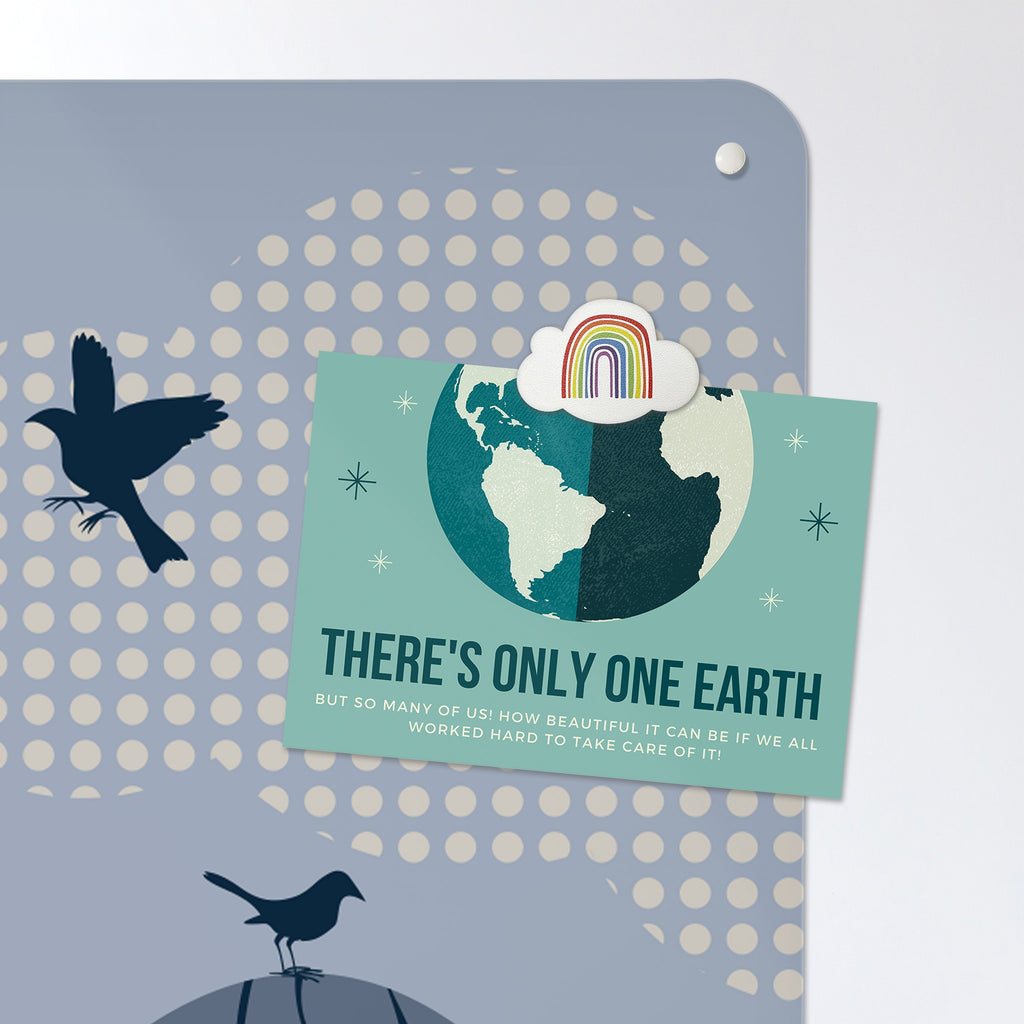 A postcard held by a fridge magnet on the Tree Houses magnetic notice board in blue