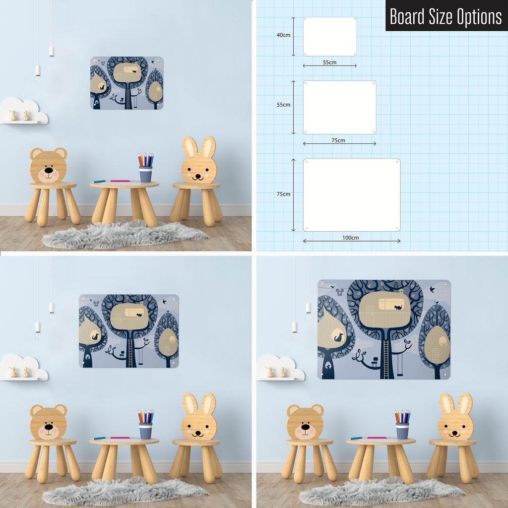 Tree Houses magnetic notice board in blue shown in small, medium and large, with the measurements of each