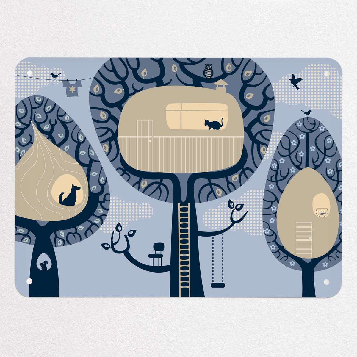 Tree Houses magnetic notice board in blue, medium size, 75 × 55 cm