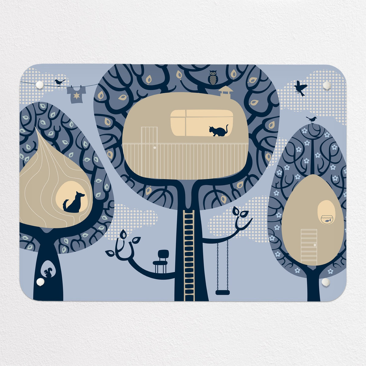 Tree Houses magnetic notice board in blue, small size, 55 × 40 cm