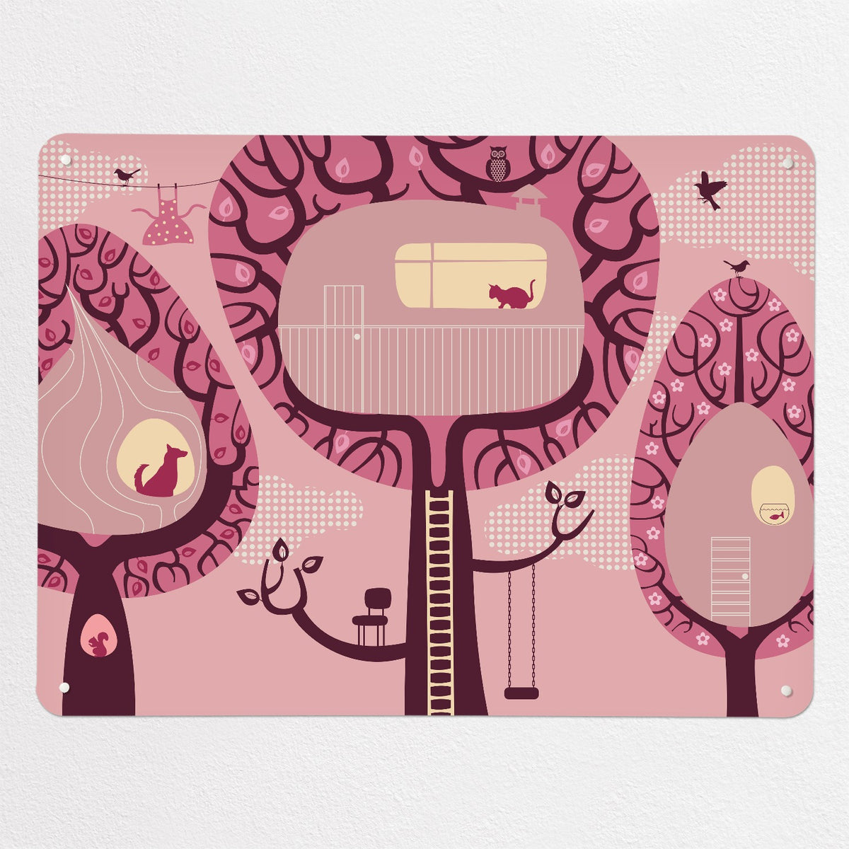 Tree Houses magnetic notice board in pink, large size, 100 × 75 cm