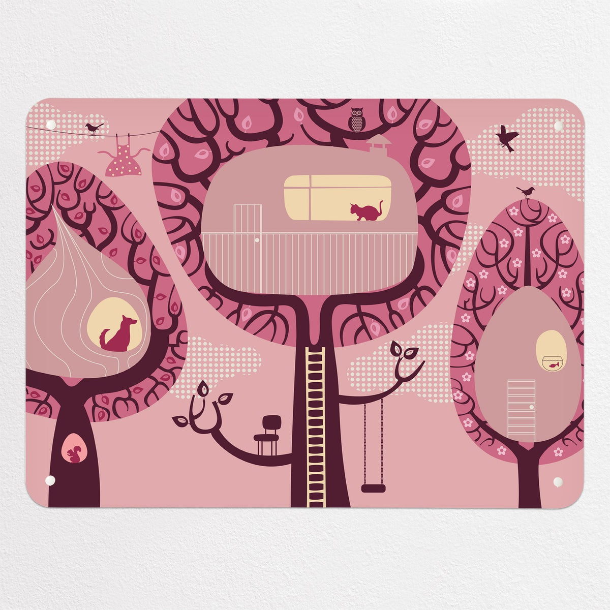 Tree Houses magnetic notice board in pink, medium size, 75 × 55 cm